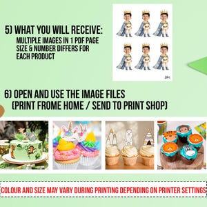 May include: An image with text and illustrations. The text reads "WHAT YOU WILL RECEIVE: MULTIPLE IMAGES IN 1 PDF PAGE SIZE & NUMBER DIFFERS FOR EACH PRODUCT" and "OPEN AND USE THE IMAGE FILES (PRINT FROM HOME / SEND TO PRINT SHOP)". The image also shows illustrations of cupcakes and a cake.
