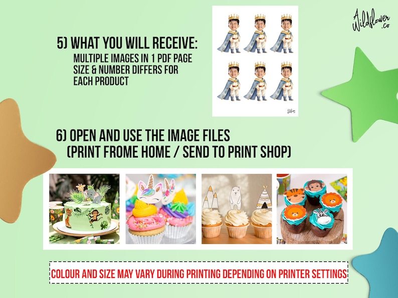 May include: An image with text and illustrations. The text reads "WHAT YOU WILL RECEIVE: MULTIPLE IMAGES IN 1 PDF PAGE SIZE & NUMBER DIFFERS FOR EACH PRODUCT" and "OPEN AND USE THE IMAGE FILES (PRINT FROM HOME / SEND TO PRINT SHOP)". The image also shows illustrations of cupcakes and a cake.