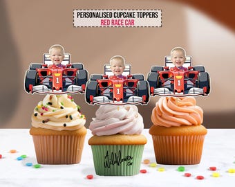 Red F1 Formula one race car custom face cupcake topper party decoration, go kart personalised birthday toppers, Funny kids topper in PNG