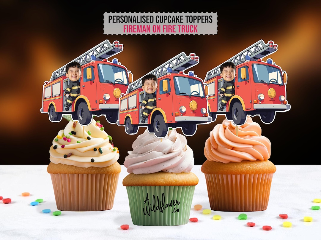 Fire Fighter Topper Fire Fighter Fire Truck Custom Face Cupcake Topper Party Decoration ...