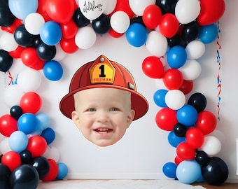 Firefighter hat custom face cutout, Fireman Resizable standee, Red party decor, Cake topper decoration, booth prop PNG PDF