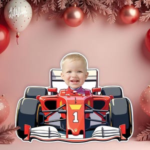 Figura recortada de coche de carreras F1 rojo con cara personalizada, decoración para fiestas, adorno para tarta de Fórmula 1, accesorio de stand PNG PDF