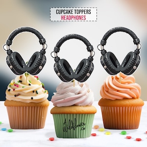 Adornos para cupcakes con auriculares de DJ Deejay para fiestas, cumpleaños infantiles, galas musicales, bodas y baby showers en PDF