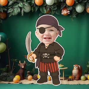 May include: A cartoon cutout of a child dressed as a pirate, holding a sword. The pirate wears a black shirt, red and black striped pants, and a purple bandana with an eye patch. The background includes balloons and decorative elements.