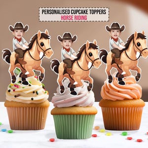 Decorazione per feste con cupcake con faccia personalizzata a forma di cavallo, decorazioni per compleanni per bambini personalizzate in formato PDF