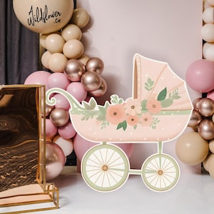 Aanpasbare aquarel roze kinderwagenuitsparing, bloemen babykinderwagen standee, koetsfeestdecor, taarttopper, rekwisiet voor kinderen stand png PNGEgg