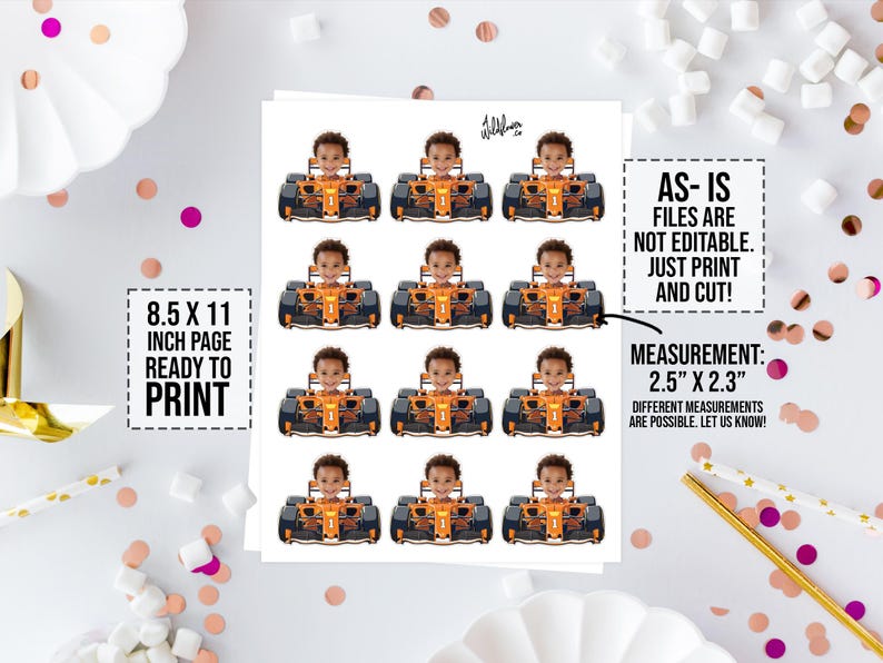 May include: Sheet of stickers featuring a child's face in a Formula 1 race car. Each sticker measures 2.5" x 2.3". The sheet is 8.5" x 11" and ready to print and cut. Text on the sheet reads "AS-IS FILES ARE NOT EDITABLE. JUST PRINT AND CUT!"