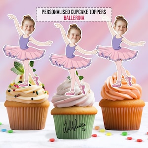 Purple pink ballerina custom face cupcake topper party decoration, Personalised children birthday toppers in PDF