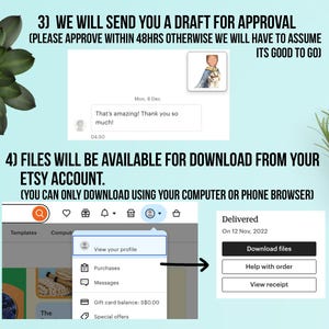 May include: An Etsy shop's instructions for downloading files. The image shows a screenshot of an Etsy account with a profile menu and a 'Download files' button. Text includes instructions for approval and download.