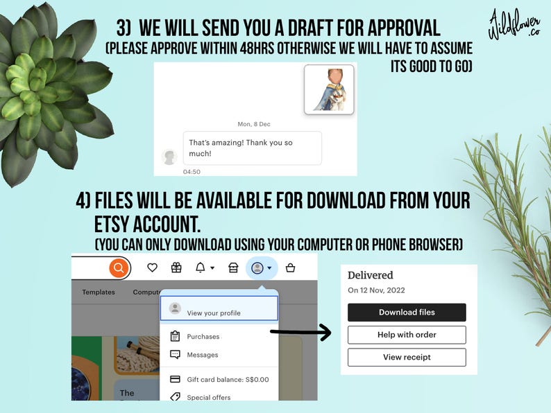May include: An Etsy shop's instructions for downloading files. The image shows a screenshot of an Etsy account with a profile menu and a 'Download files' button. Text includes instructions for approval and download.