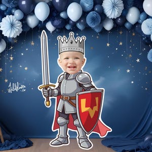 Recorte de cara personalizado de caballero real, stand de tamaño ajustable de príncipe, decoración de fiesta de rey, decoración de adorno para tarta, accesorio de stand PNG PDF