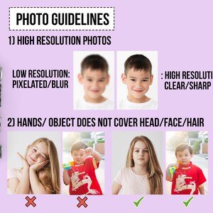 May include: A graphic with photo guidelines, including examples of high and low resolution images, and examples of how hands or objects should not cover the head or face. The text reads "PHOTO GUIDELINES" and "Wildflower .co". A Nikon camera is visible.