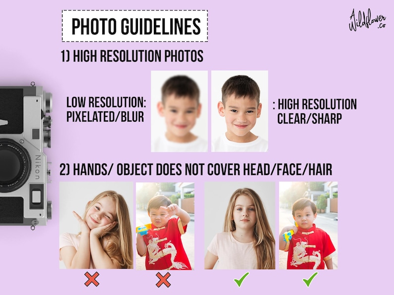May include: A graphic with photo guidelines, including examples of high and low resolution images, and examples of how hands or objects should not cover the head or face. The text reads "PHOTO GUIDELINES" and "Wildflower .co". A Nikon camera is visible.