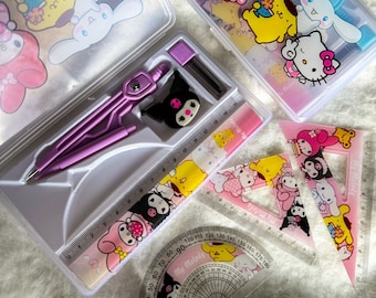 Kawaii-Lineal-Set 7-teilig, süßes Briefpapier für Kinder, japanisches Briefpapier, Sanrio My Melody, Cinnomoroll, Kuromi-Lineal-Set, Überraschungsgeschenke für Kinder