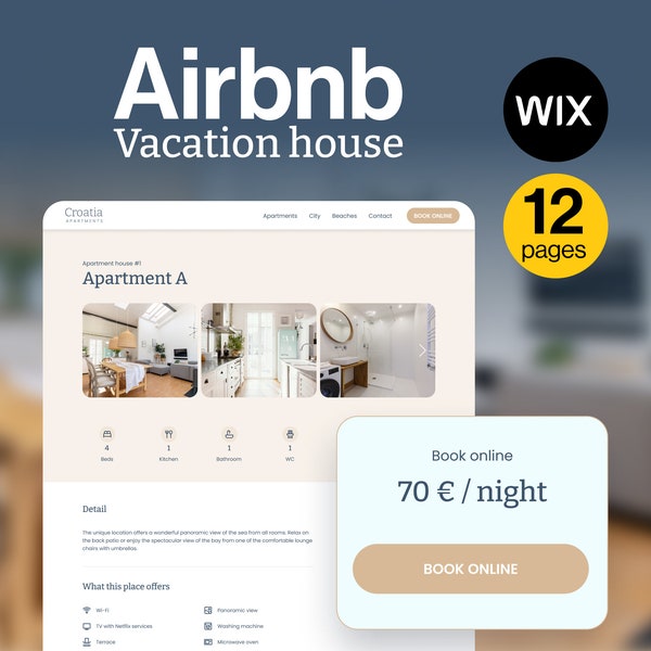 Wix-websitesjabloon, premium Airbnb-boekingsthema, vakantiewoning voor korte termijn