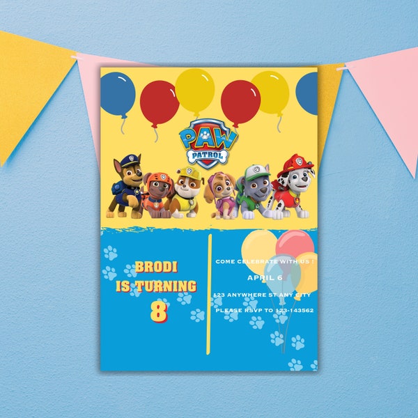 Modèle de carte d'invitation d'anniversaire PAW PATROL - Téléchargement instantané - Invitation imprimable de fête d'anniversaire