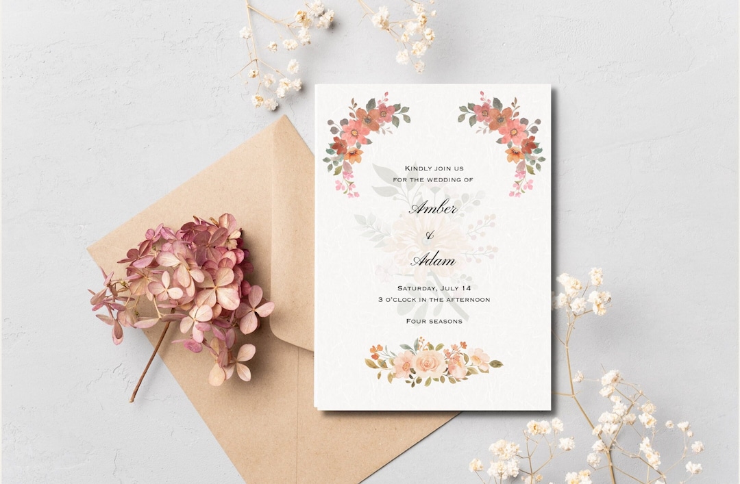 Wedding Invitation, Printable Wedding Invite, Floral Theme Wedding ...
