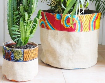 Cache pot tissu, cache pot toile de jute et wax, panier rangement wax et toile de jute, jardinière d'intérieur, cadeau personnalisé