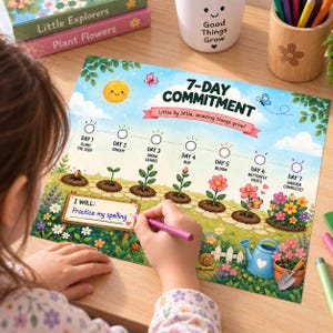 May include: A 7-day commitment chart featuring a garden theme with a sun, butterflies, and a plant growth cycle from seed to flower. The chart includes a sign labeled 'I WILL: Practice my spelling' and a path with seven numbered circles.