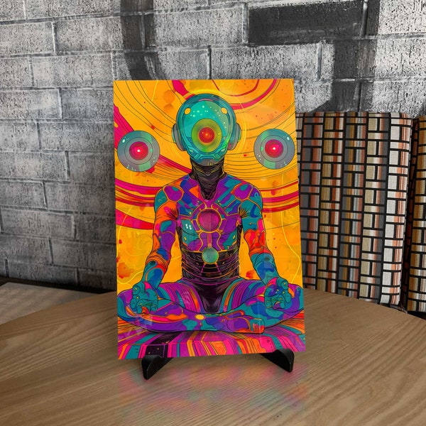 Meditating Trippy Psychedelic Poster Printed on Metal, Alien Space Traveler Cosmic Art Wall Decor Spiritual Art