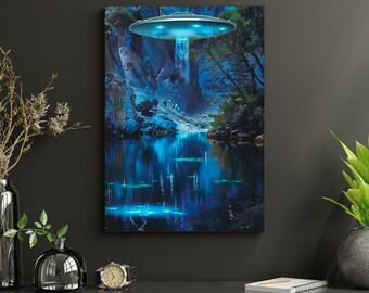 UFO Over Bioluminescent Lake - Sci-Fi Art Print | Alien Encounter Digital Print | Nature & Mystery