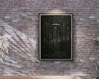 UFO Over Woods - Sci-Fi Art Print | Alien Encounter Digital Print | Forest Mystery
