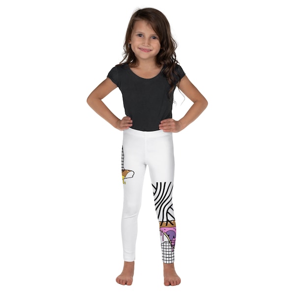 Kid's Leggings, girls leggings, girl'ss purple yellow pizza white and black nets leggings, cool leggings for girls