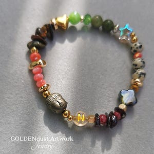 Pulseira da sorte de Buda com letra, pulseira simbólica como presente, pulseira de pérolas de pedras preciosas para mulheres, folha de trevo de estrela de coração, joias de ioga