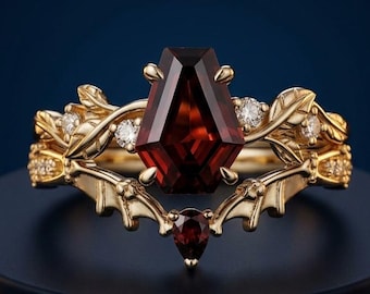 Coffin Cut Garnet Bridal Set, 14k Gold Plated 925 Silver Ring, Gothic Nature Leaves Bat Wing Band, Unique Red Gemstone Wedding Ring Set