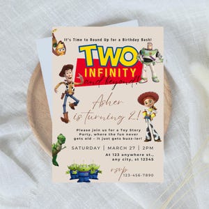 Bewerkbare op Toy Story geïnspireerde verjaardagsuitnodigingskaart, twee Infinity and Beyond verjaardagsthema, Buzz-thema verjaardagsuitnodiging, instant custom