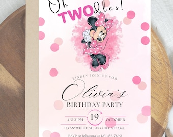 May include: Pink and white birthday party invitation featuring Minnie Mouse. The invitation includes the text "Oh TWOdles!" and "Olivia's Birthday Party" with the date and time. Pink polka dots are scattered around the design.