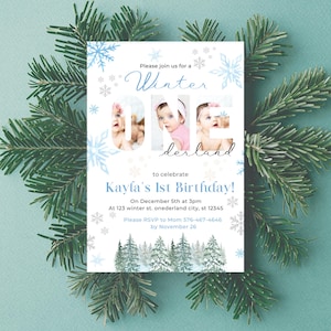 Winter ONEderland Geburtstagsparty Einladung, Erstes ONEderland Thema mit Foto, Weihnachten Boho Mädchen Jungen 1. Geburtstag Urlaub Geburtstagskarte