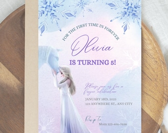May include: A Frozen-themed birthday invitation with a watercolor background featuring snowflakes and a purple and blue color scheme. The invitation says "For the first time in forever Olivia is turning 5!" and includes details for the party, including the date, time, and location.