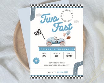 Twee snelle verjaardagsuitnodiging, racewagen 2e verjaardag (digitale download)