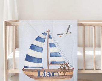 Maritime Babydecke, personalisierte Jungenname, weiche Fleece-Krippendecke