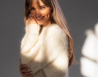 Grobstrick Mohair Pullover in Creme