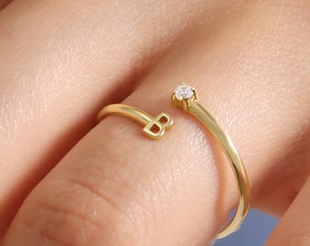 Solid Gold Diamond Initial Ring, Personalized Ring, Open Initial Ring ,Custom Letter Ring,Handmade Jewelry, Gift for Girlfriend,Mothers Ring