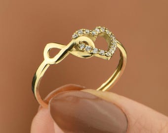 10k Real Solid Yellow Gold Infinity Heart Ring, Infinity Symbol Gemstone Gold Ring, Heart Design With Diamond Ring, Perfect Gift For Girl