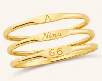 Personalized 14k Solid Gold Tiny Signet Ring, Engraved Stacking Ring, Ultra Thin Initial Ring, Custom Name Ring, Cute Everyday Gift for Her