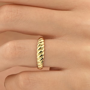 14k Solid Gold Croissant Ring, Chunky Twisted Dome Band, Real Gold Minimalist Statement Ring, Handmade Gift for Her