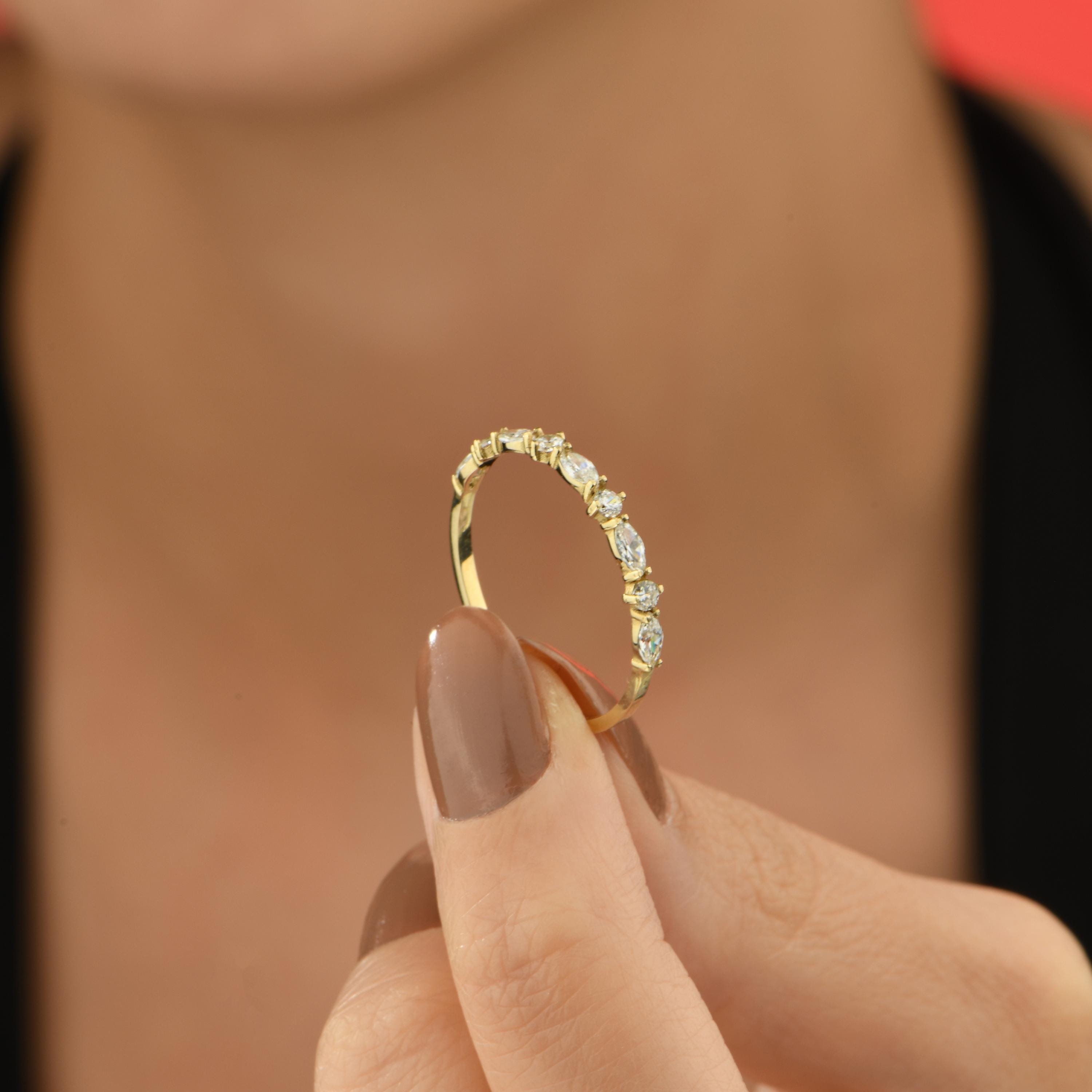 14k Solid Gold Marquise Band Ring, Half Eternity Marquise Wedding Band ...