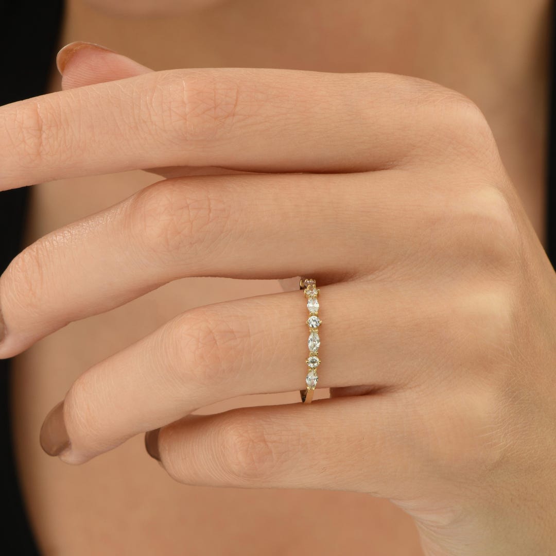 14k Solid Gold Marquise Band Ring, Half Eternity Marquise Wedding Band ...