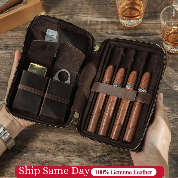 Personalized Full Grain Leather Cigar case men Travel Case Holder Men With Lighter Cutter Pocket Humidor Box Cigar Accessories Gift for him