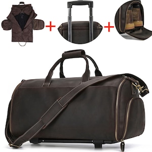 Full Grain Leather Trolley Duffle Bag With Shoe Compartment Personalized Mens Travel Bag Weekend Luggage Bag Christmas Gifts, Carry-on Bag