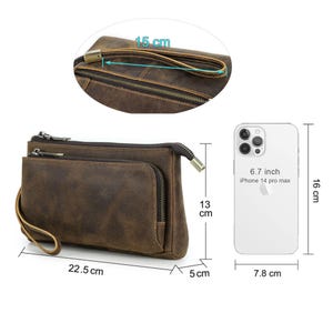 Men’s Leather Clutch Purse With Code Lock - Anti-Theft Wristlet, Phone Holder, Travel Organizer, Crazy Horse Leather, Coffee Color