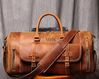 Personalized Mens Travel Bag, Full Grain Leather Duffel Bag, Monogrammed Duffle Bag, Weekend Luggage Bag,Unique Christmas Gifts,Carry-on Bag