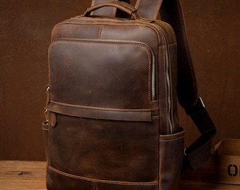Leren rugzak heren, leren tas, schooltas, kantoorrugzak, reisrugzak, hipster-rugzak, gepersonaliseerd cadeau voor hem en cadeau voor haar