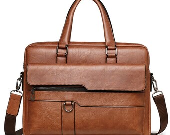 Personalized Men Briefcase Bag PU Leather Shoulder Messenger Bags Office bag 14 inch Laptop bag Satchel Portfolio Tablet Bag for Men & Women