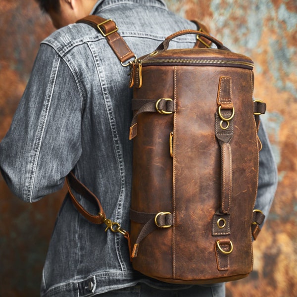 Vintage Leather Backpack, Rucksack, Personalized Men Leather Backpack, Hipster Backpack Multifunctional Bag Crossbody Tote Cylinder Bag gift