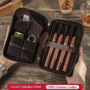 Portasigari in pelle pieno fiore personalizzato da uomo, custodia da viaggio, con accendino, taglierino, umidificatore tascabile, scatola per sigari, accessori, regalo per lui